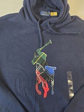 New Polo Ralph Lauren Mens Classic Fit BIG LOGO Fleece Hoodie Navy Blue Large